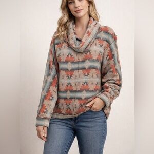 DYLAN By True Grit Tribe Southwestern Prints Cowl Neck Pullover Top